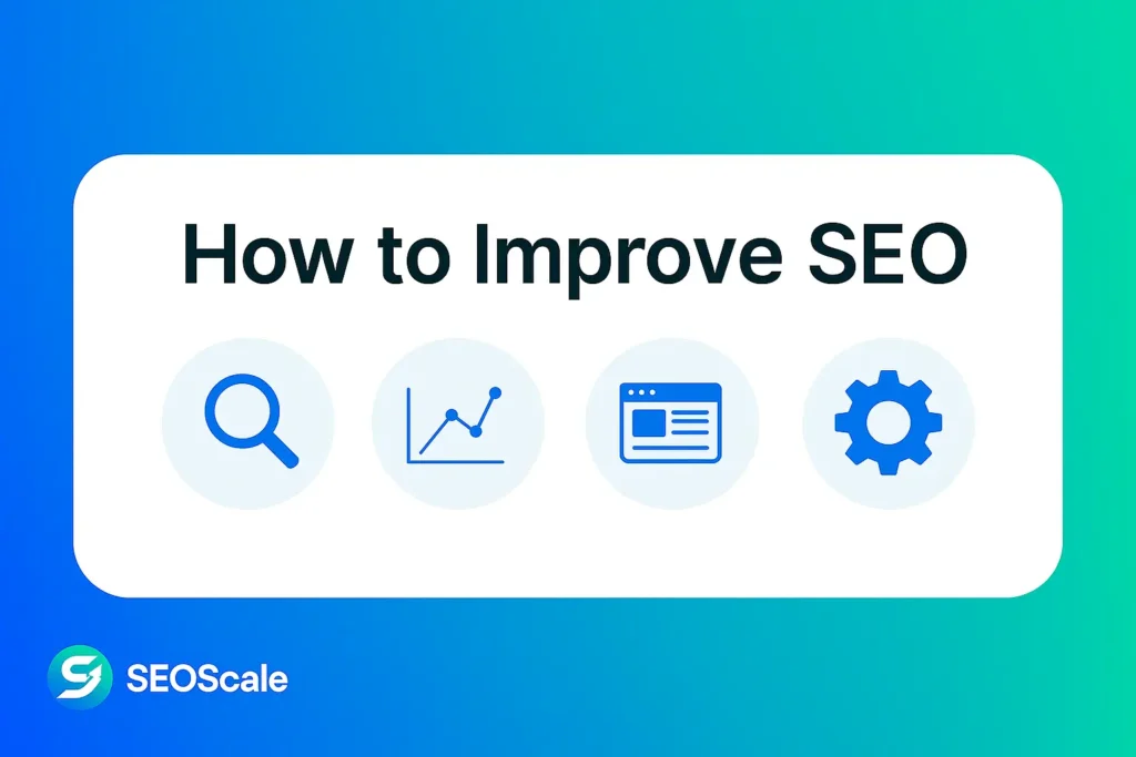 How to Improve SEO banner with gradient background and SEO icons like magnifying glass, chart, and gear