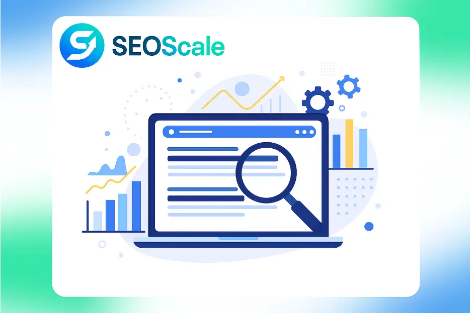 Illustration of SEO keyword research with a magnifying glass and search engine results highlighting keywords