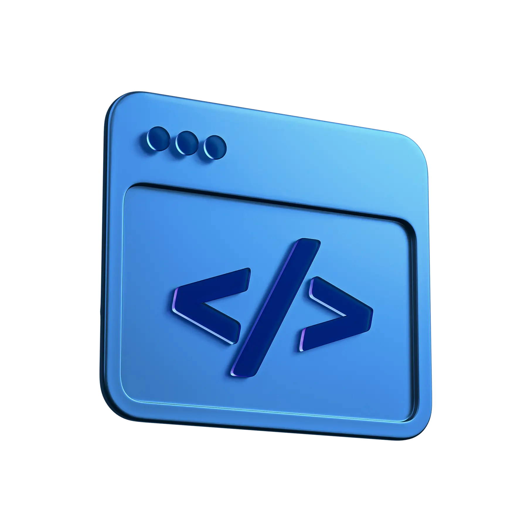 3D blue icon of a browser window with a large “” code symbol in the center.