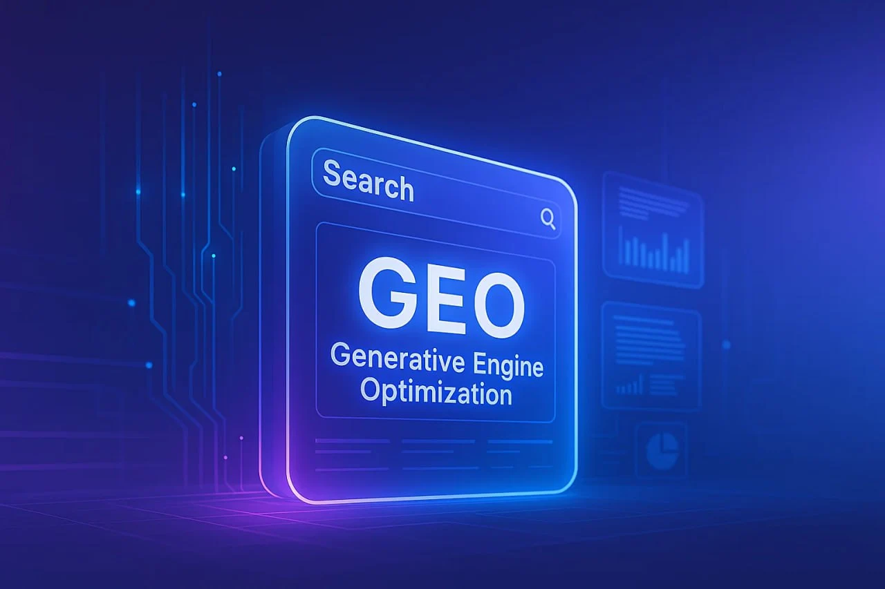 Neon blue holographic search interface displaying GEO Generative Engine Optimization in a futuristic digital environment.