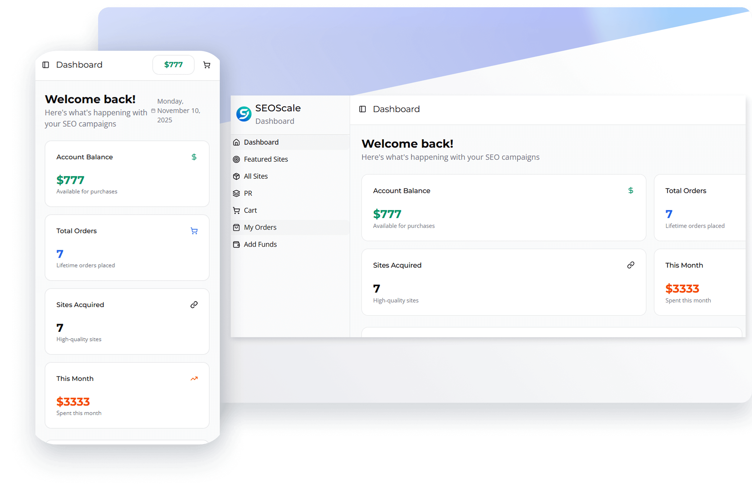 SEOScale dashboard (Device and Mobile)