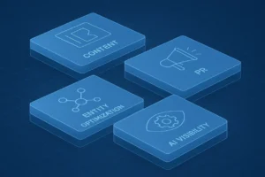 Blueprint-style diagram representing the SEOScale GEO Framework for AI visibility and authority. 