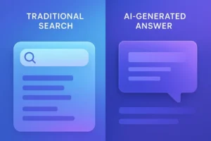 Comparison graphic showing traditional search results versus AI-generated answers.